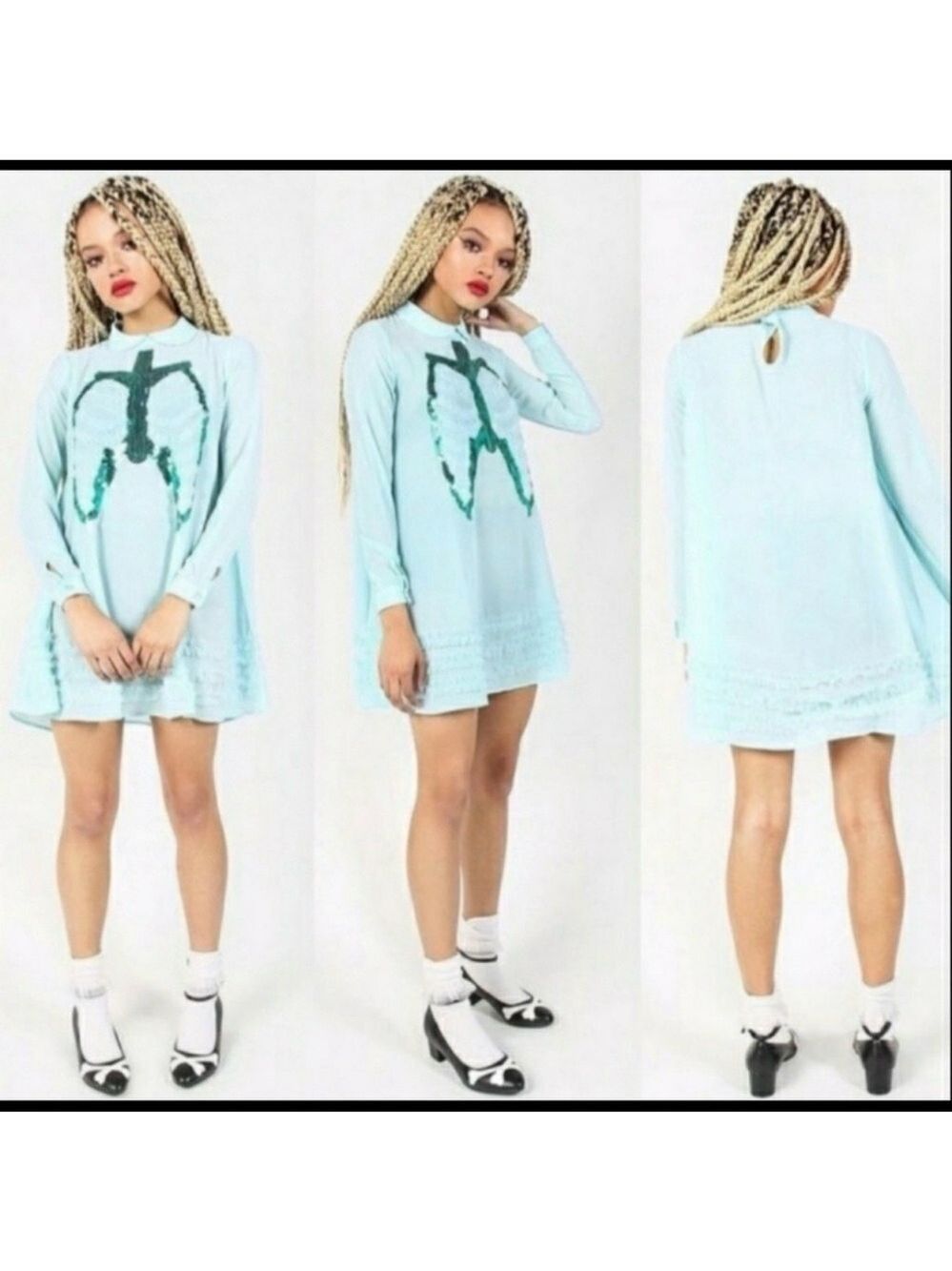 Iron Fist Dead Mermaid Walking Dress Pastel Goth Blue Sequin Rib Cage Pan Collar - Picture 3 of 14